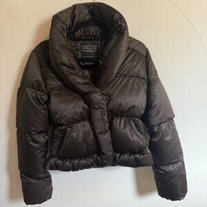 All Saints brown shimmery (not metallic, but close), silky feeling puffer jacket